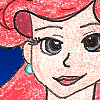 Ariel has a REALLY difficult face to draw (and I accidentally made her eyes lopsided when I was inking, dammit) and her hair is just beyond anime gravity-defying ridiculous.  (Well, maybe not BEYOND, but definitely up there.)  Her dress, like all of the other Princesses's, is from 1989, the year it came out, and it was already the perfect color so I barely had to change a thing.